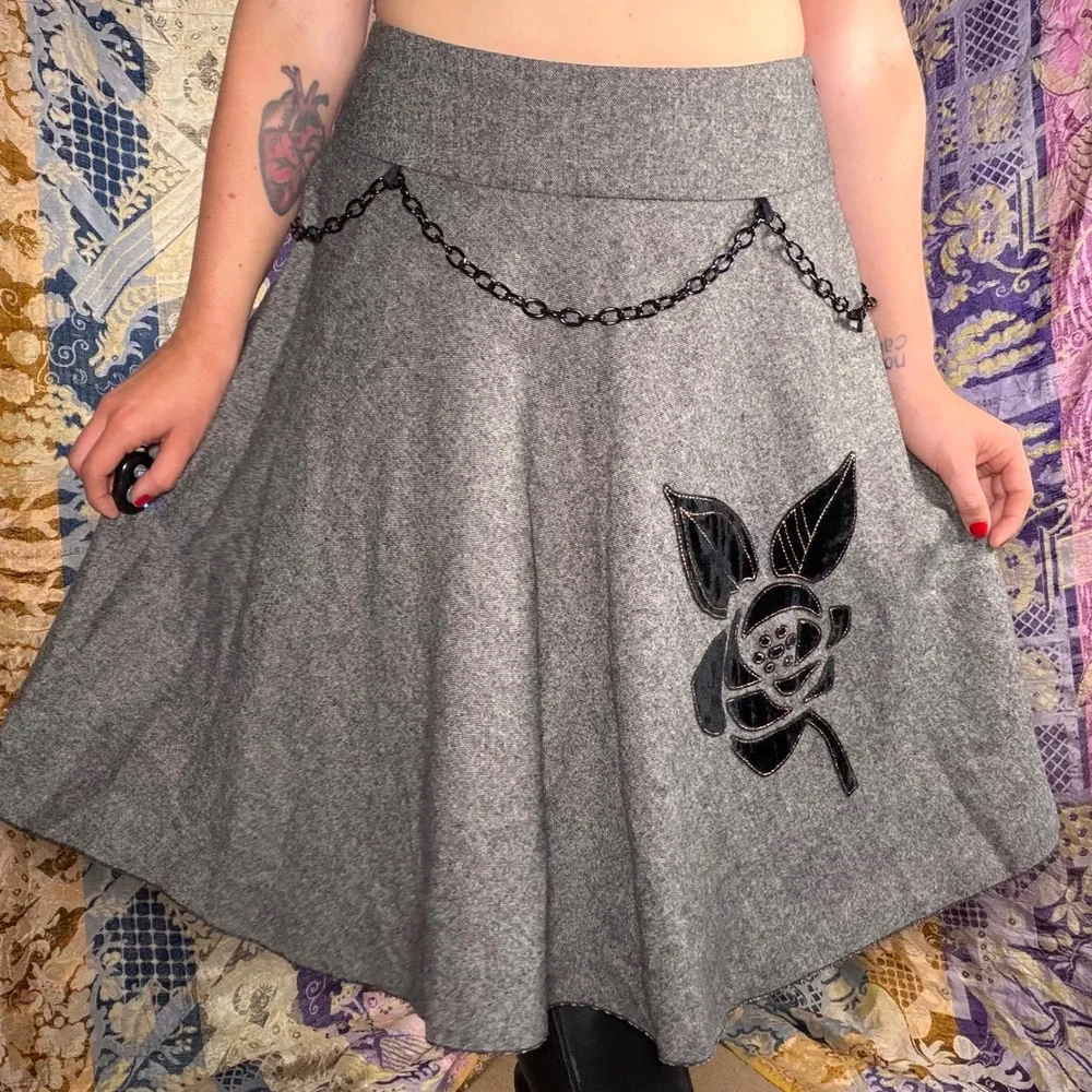 Wool Blend Steam Punk Velvet Floral Goth Fairy A-Line Knee Length Skirt Size M